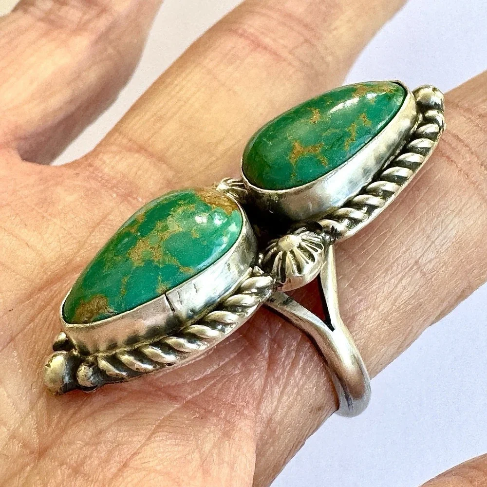 Navajo Turquoise‎ Ring Two Stone Size 8.5 Signed Shakey Long Sterling